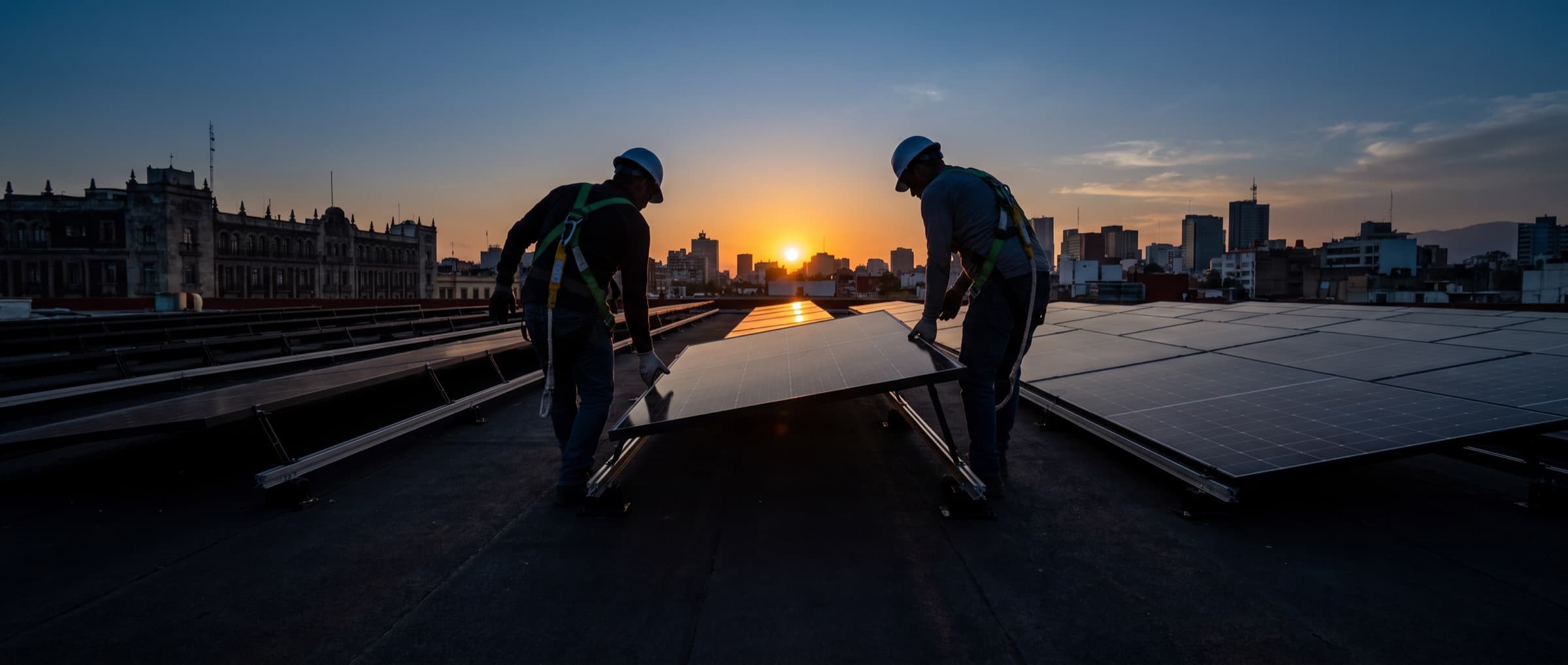 Dos instaladores colocando un panel solar en una azotea al atardecer