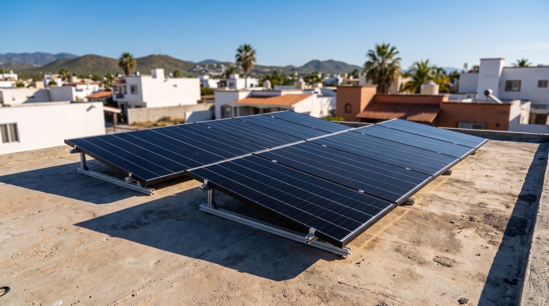 Azotea residencial con un arreglo de paneles solares bajo un cielo despejado